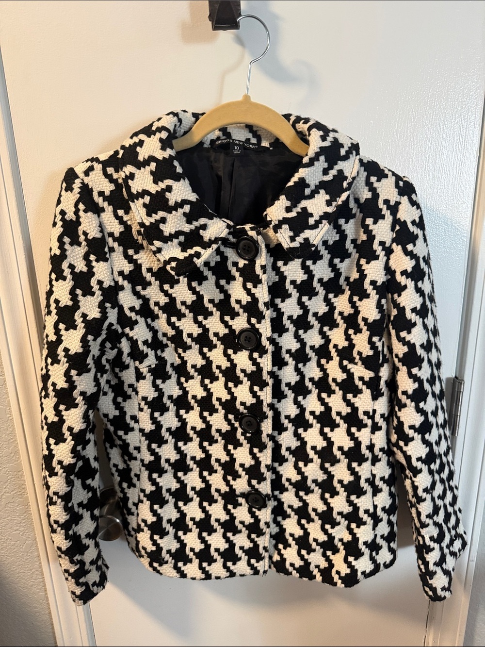 Briggs New York Black & White Houndstooth Cropped Pea Coat